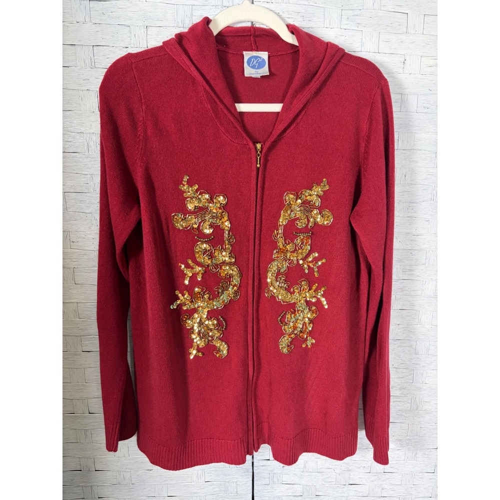 DG2 Diane Gilman Womens Cardigan Sweater Hoodie Sequin Embellished Zip Up